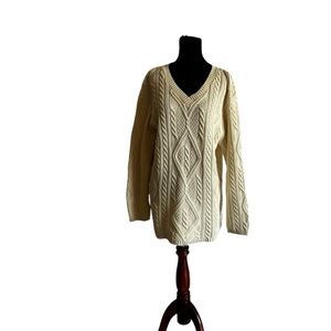 Cable Knit V-Neck Sweater - Cream Cable knit, Cozy, Unisex